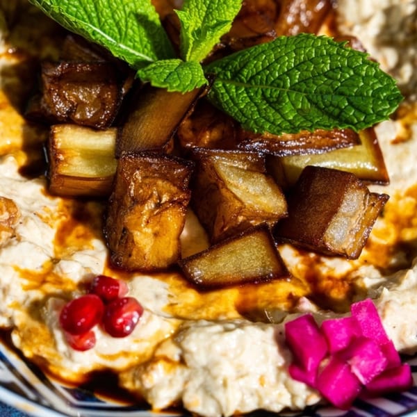 Lebanese baba ghanoush topped with fried eggplant, fresh mint, pomegranate seeds, and pickled turnips.